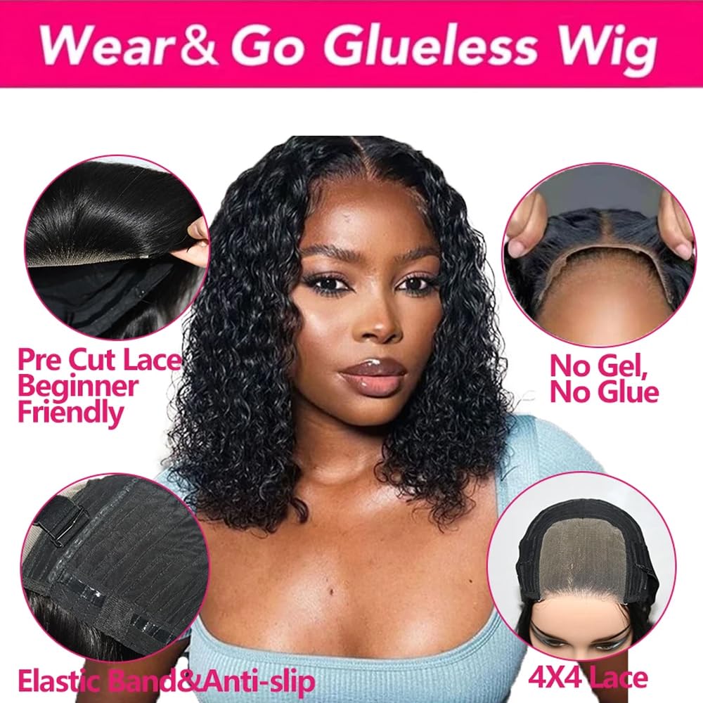 Wear and Go Glueless Wigs Human Hair Pre Plucked Pre Cut Deep Wave Curly Bob Wig Lace Front Wigs for Black Women Human Hair 180% Density 4x4 Lace Closure Glueless Bob Wigs Human Hair 10 Inch