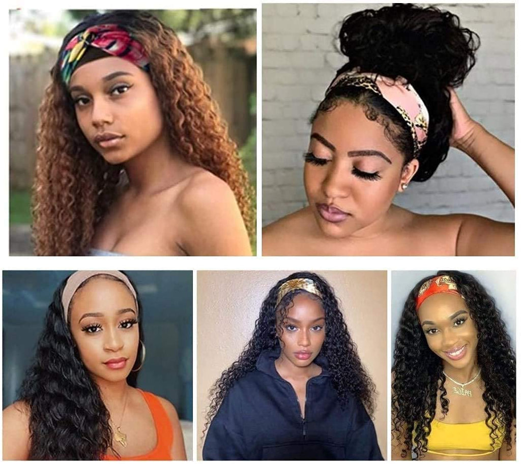 Human Hair Headband Wigs 14 Inch Deep Wave Curly Human Hair Wigs for Women Glueless Perruque femme cheveux humain naturel Brazilian Virgin Real Natural Black Hair Headband Wig