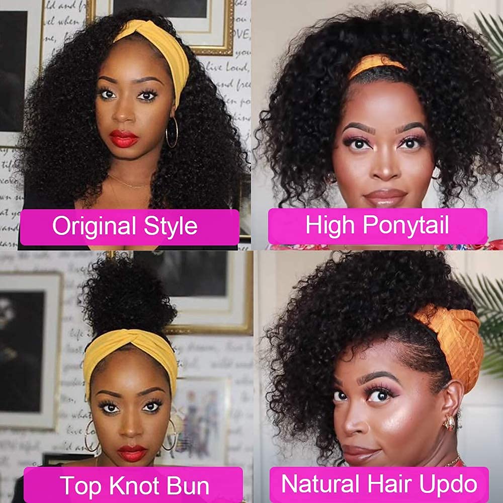 Human Hair Headband Wigs 14 Inch Deep Wave Curly Human Hair Wigs for Women Glueless Perruque femme cheveux humain naturel Brazilian Virgin Real Natural Black Hair Headband Wig