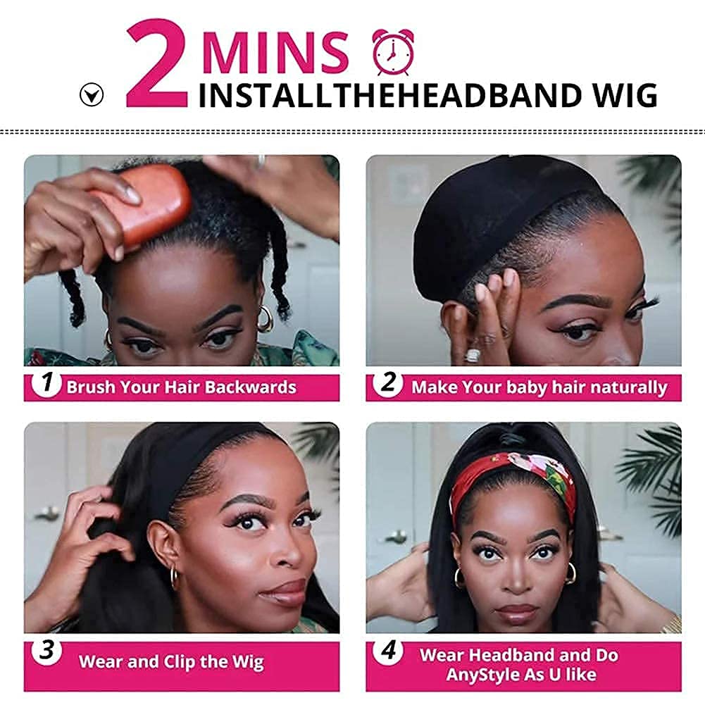 Human Hair Headband Wigs 14 Inch Deep Wave Curly Human Hair Wigs for Women Glueless Perruque femme cheveux humain naturel Brazilian Virgin Real Natural Black Hair Headband Wig
