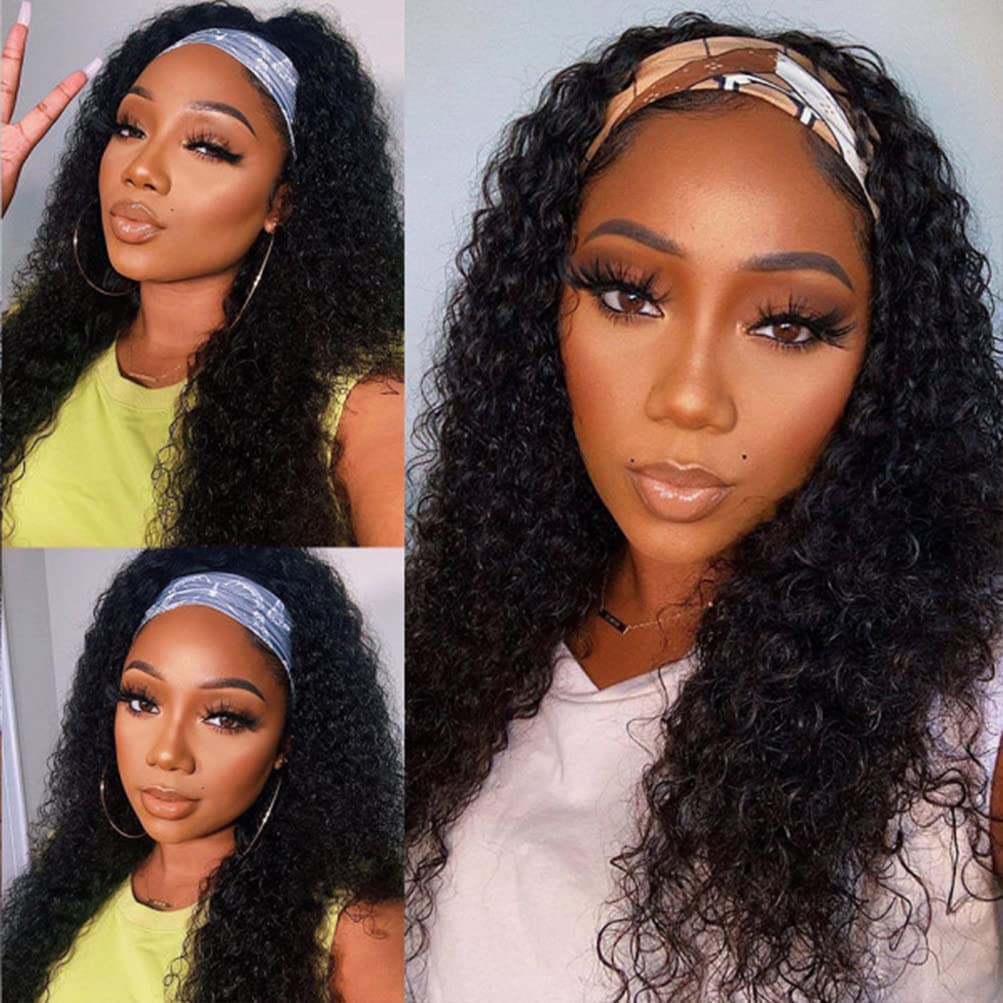 Human Hair Headband Wigs 14 Inch Deep Wave Curly Human Hair Wigs for Women Glueless Perruque femme cheveux humain naturel Brazilian Virgin Real Natural Black Hair Headband Wig