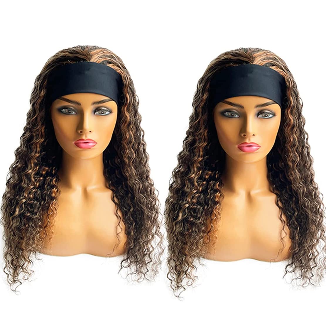 Human Hair Headband Wigs 14 Inch Deep Wave Curly Human Hair Wigs for Women Glueless Perruque femme cheveux humain naturel Brazilian Virgin Real Natural Black Hair Headband Wig