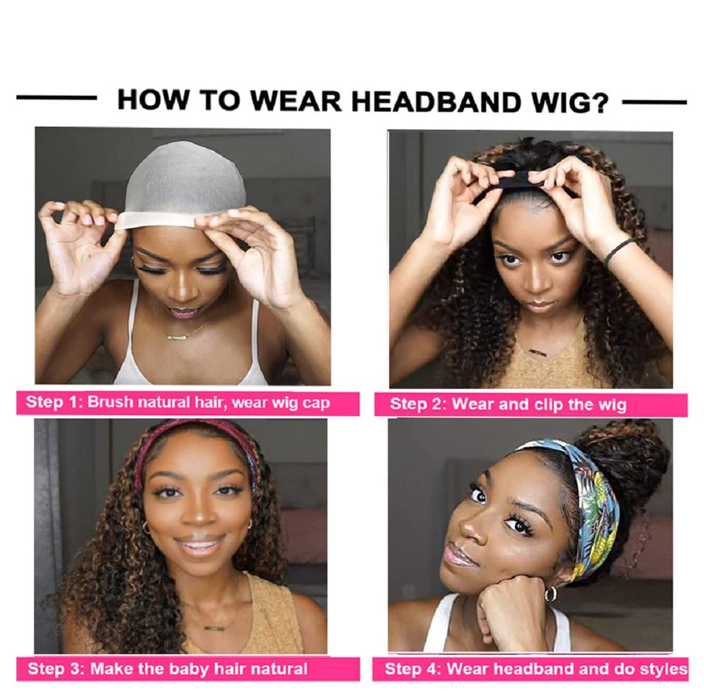 Human Hair Headband Wigs 14 Inch Deep Wave Curly Human Hair Wigs for Women Glueless Perruque femme cheveux humain naturel Brazilian Virgin Real Natural Black Hair Headband Wig