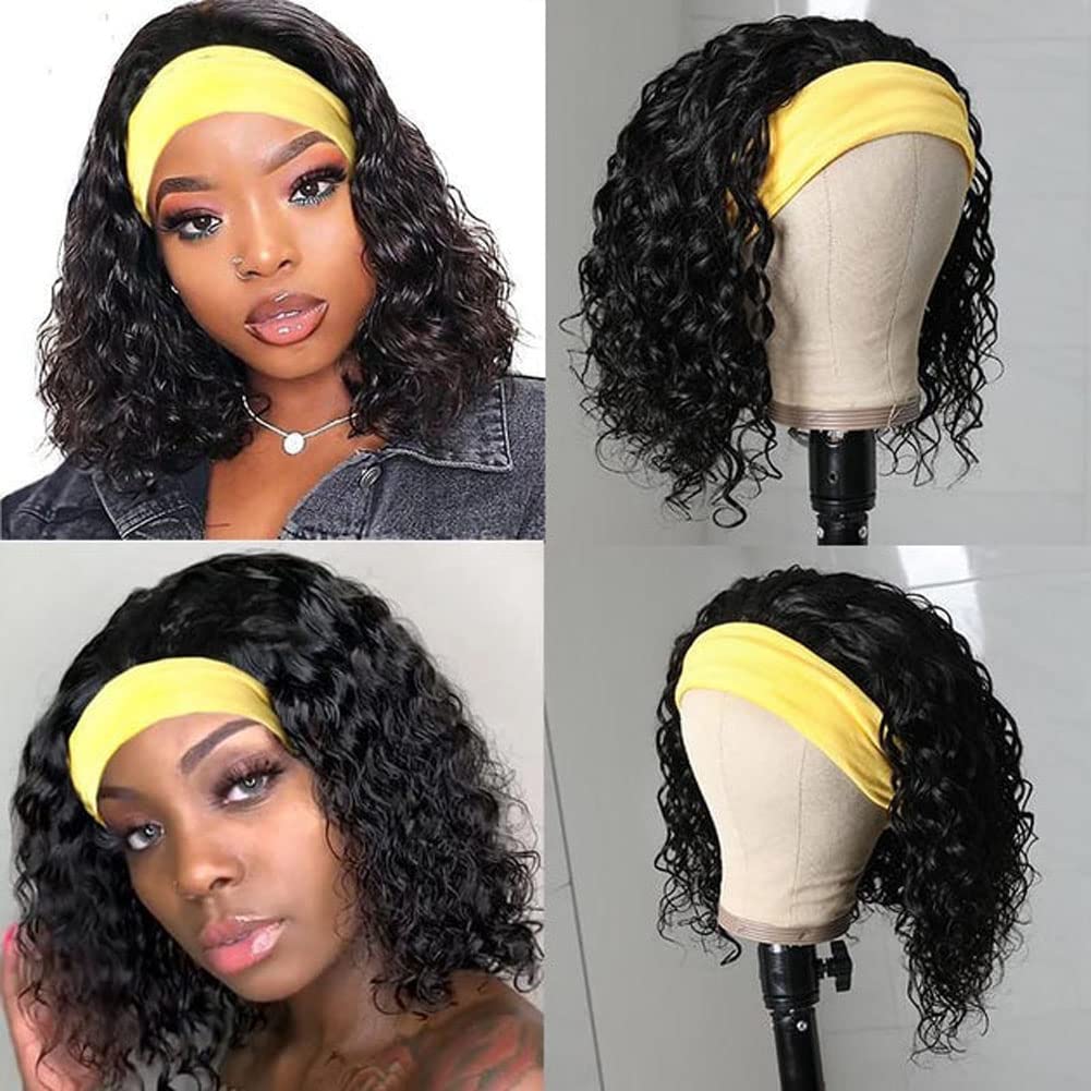 Human Hair Headband Wigs 14 Inch Deep Wave Curly Human Hair Wigs for Women Glueless Perruque femme cheveux humain naturel Brazilian Virgin Real Natural Black Hair Headband Wig