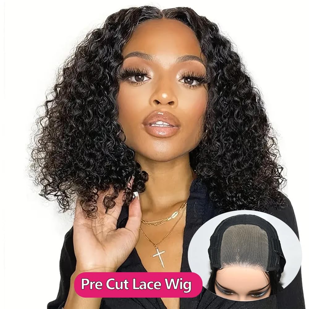 Wear and Go Glueless Wigs Human Hair Pre Plucked Pre Cut Deep Wave Curly Bob Wig Lace Front Wigs for Black Women Human Hair 180% Density 4x4 Lace Closure Glueless Bob Wigs Human Hair 10 Inch
