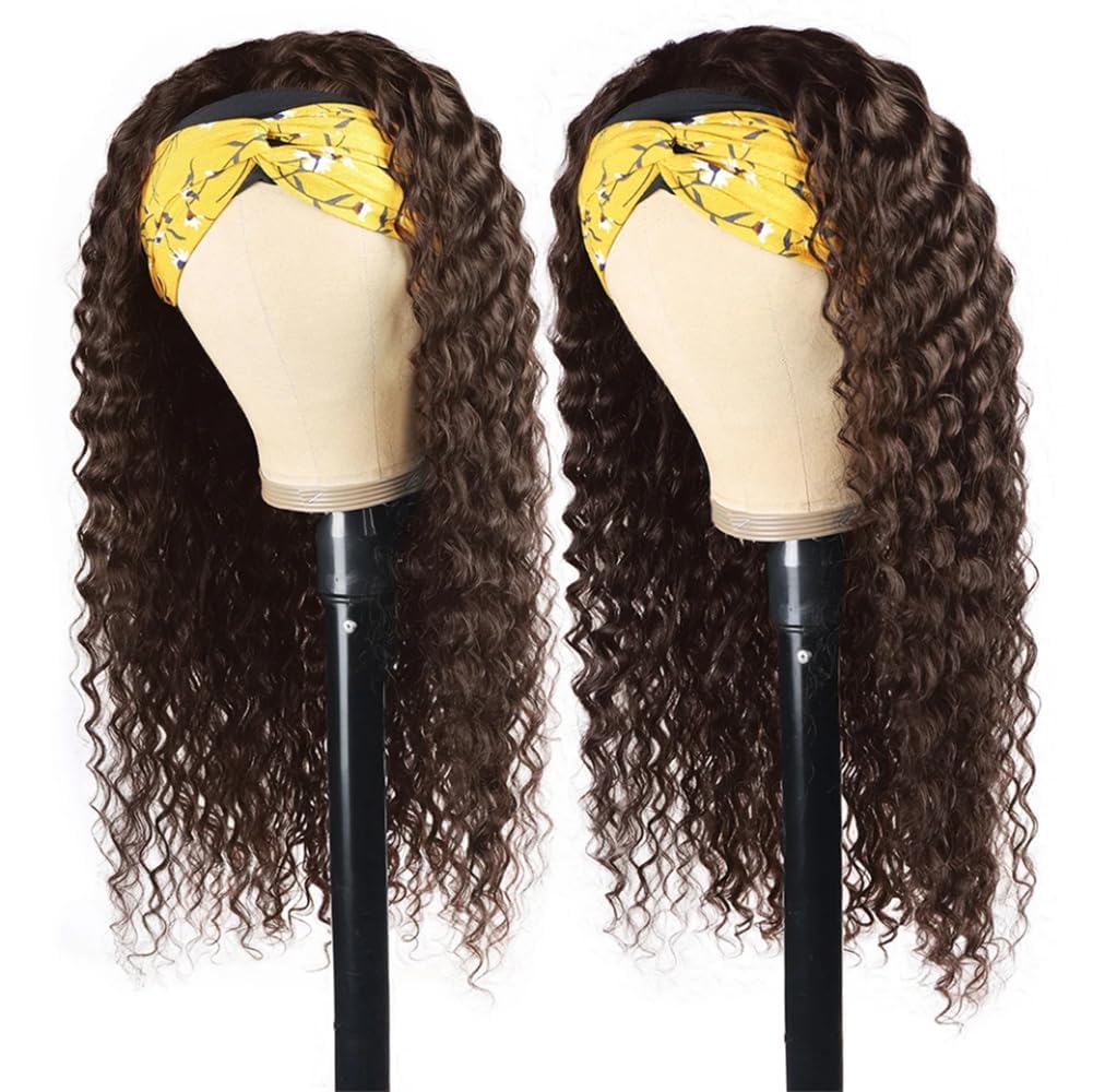 Human Hair Headband Wigs 14 Inch Deep Wave Curly Human Hair Wigs for Women Glueless Perruque femme cheveux humain naturel Brazilian Virgin Real Natural Black Hair Headband Wig