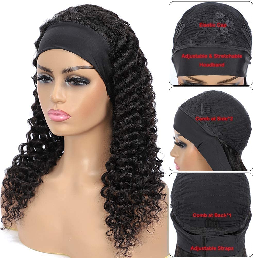 Human Hair Headband Wigs 14 Inch Deep Wave Curly Human Hair Wigs for Women Glueless Perruque femme cheveux humain naturel Brazilian Virgin Real Natural Black Hair Headband Wig