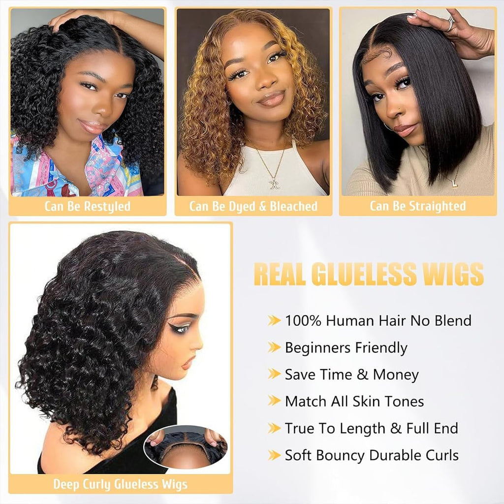 Wear and Go Glueless Wigs Human Hair Pre Plucked Pre Cut Deep Wave Curly Bob Wig Lace Front Wigs for Black Women Human Hair 180% Density 4x4 Lace Closure Glueless Bob Wigs Human Hair 10 Inch
