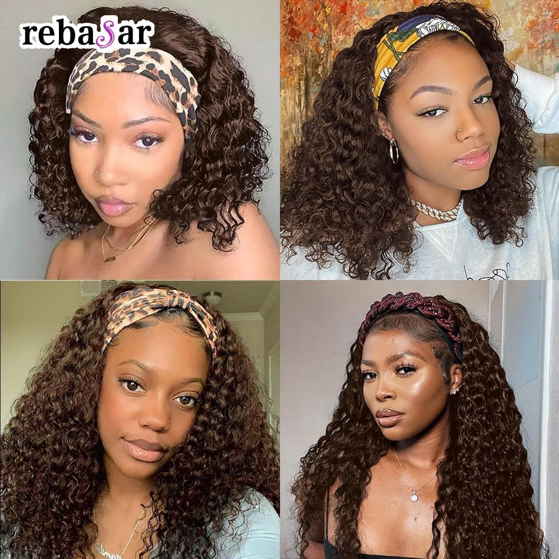 Human Hair Headband Wigs 14 Inch Deep Wave Curly Human Hair Wigs for Women Glueless Perruque femme cheveux humain naturel Brazilian Virgin Real Natural Black Hair Headband Wig