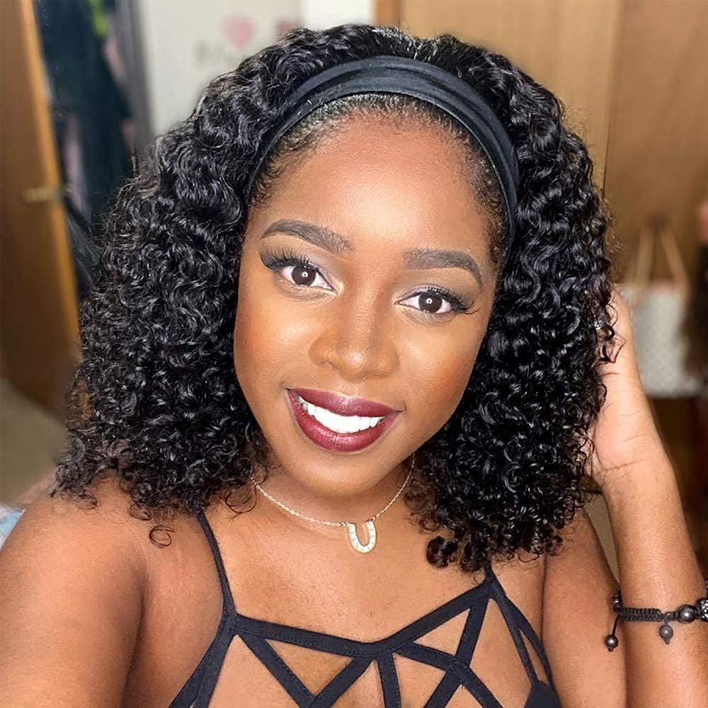 Human Hair Headband Wigs 14 Inch Deep Wave Curly Human Hair Wigs for Women Glueless Perruque femme cheveux humain naturel Brazilian Virgin Real Natural Black Hair Headband Wig