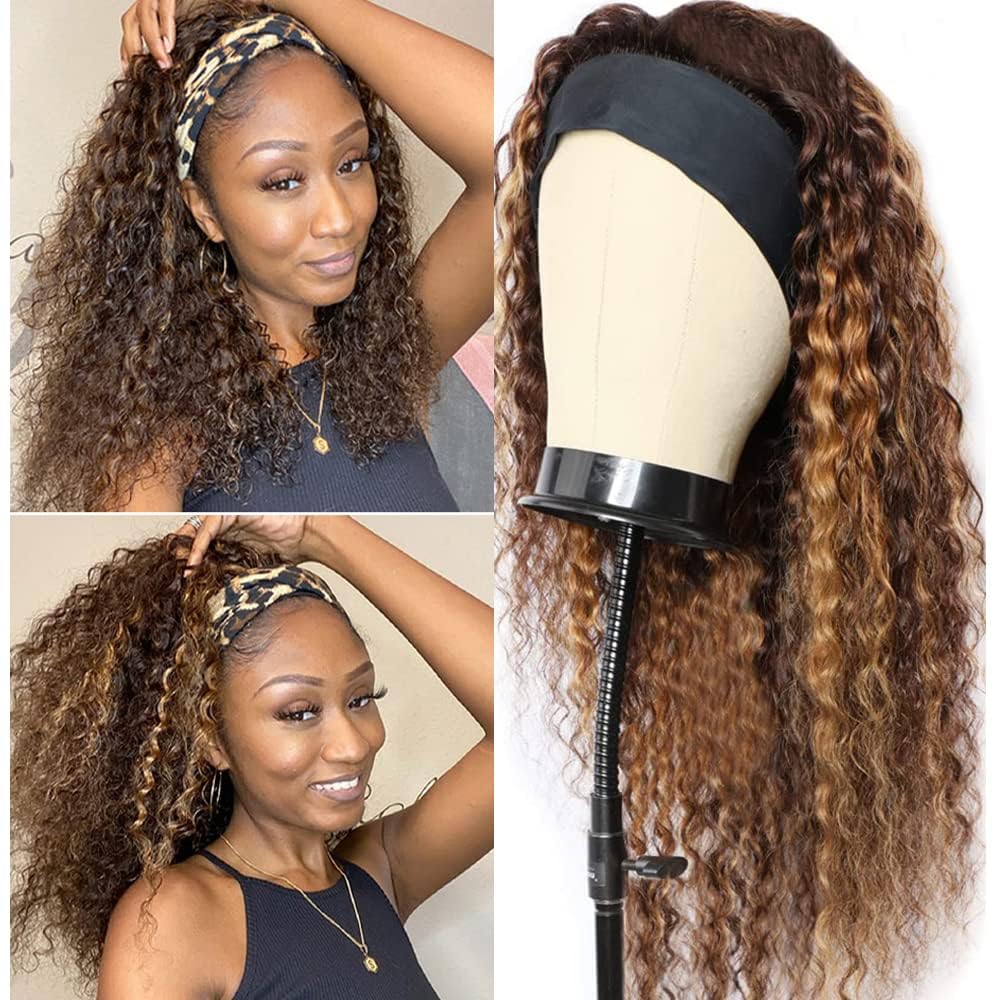 Human Hair Headband Wigs 14 Inch Deep Wave Curly Human Hair Wigs for Women Glueless Perruque femme cheveux humain naturel Brazilian Virgin Real Natural Black Hair Headband Wig