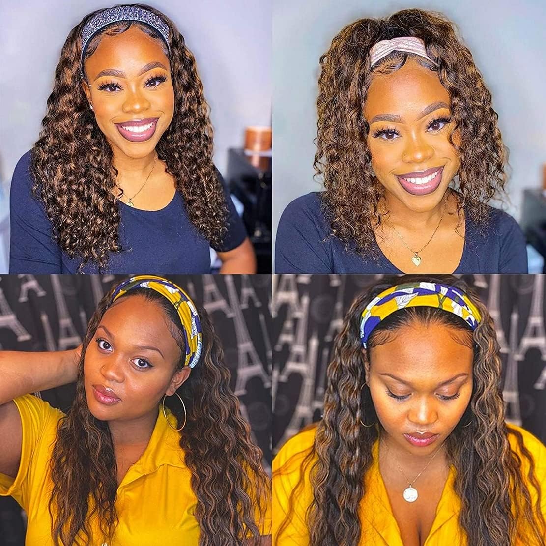 Human Hair Headband Wigs 14 Inch Deep Wave Curly Human Hair Wigs for Women Glueless Perruque femme cheveux humain naturel Brazilian Virgin Real Natural Black Hair Headband Wig