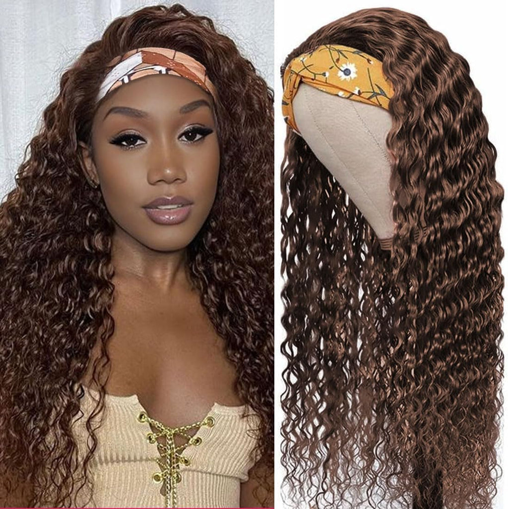 Human Hair Headband Wigs 14 Inch Deep Wave Curly Human Hair Wigs for Women Glueless Perruque femme cheveux humain naturel Brazilian Virgin Real Natural Black Hair Headband Wig