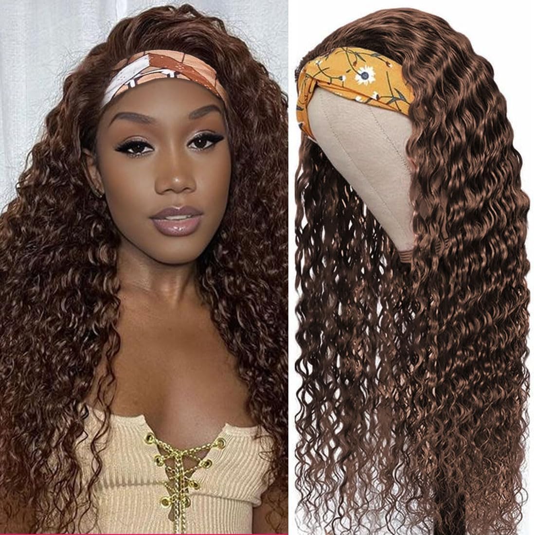 Human Hair Headband Wigs 14 Inch Deep Wave Curly Human Hair Wigs for Women Glueless Perruque femme cheveux humain naturel Brazilian Virgin Real Natural Black Hair Headband Wig