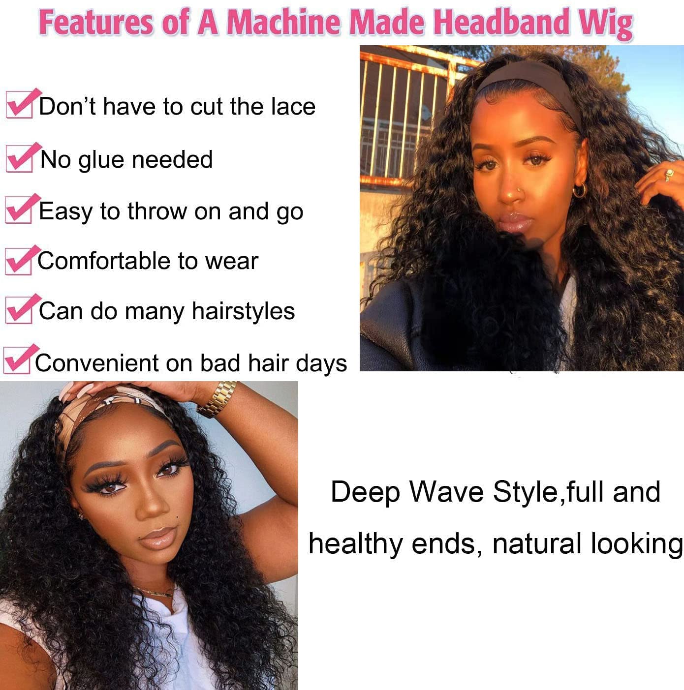 Human Hair Headband Wigs 14 Inch Deep Wave Curly Human Hair Wigs for Women Glueless Perruque femme cheveux humain naturel Brazilian Virgin Real Natural Black Hair Headband Wig