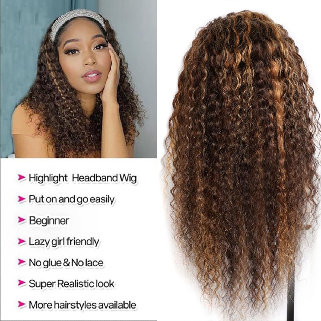Human Hair Headband Wigs 14 Inch Deep Wave Curly Human Hair Wigs for Women Glueless Perruque femme cheveux humain naturel Brazilian Virgin Real Natural Black Hair Headband Wig