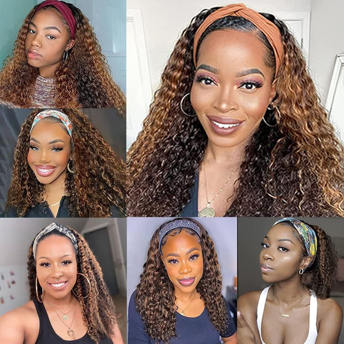 Human Hair Headband Wigs 14 Inch Deep Wave Curly Human Hair Wigs for Women Glueless Perruque femme cheveux humain naturel Brazilian Virgin Real Natural Black Hair Headband Wig