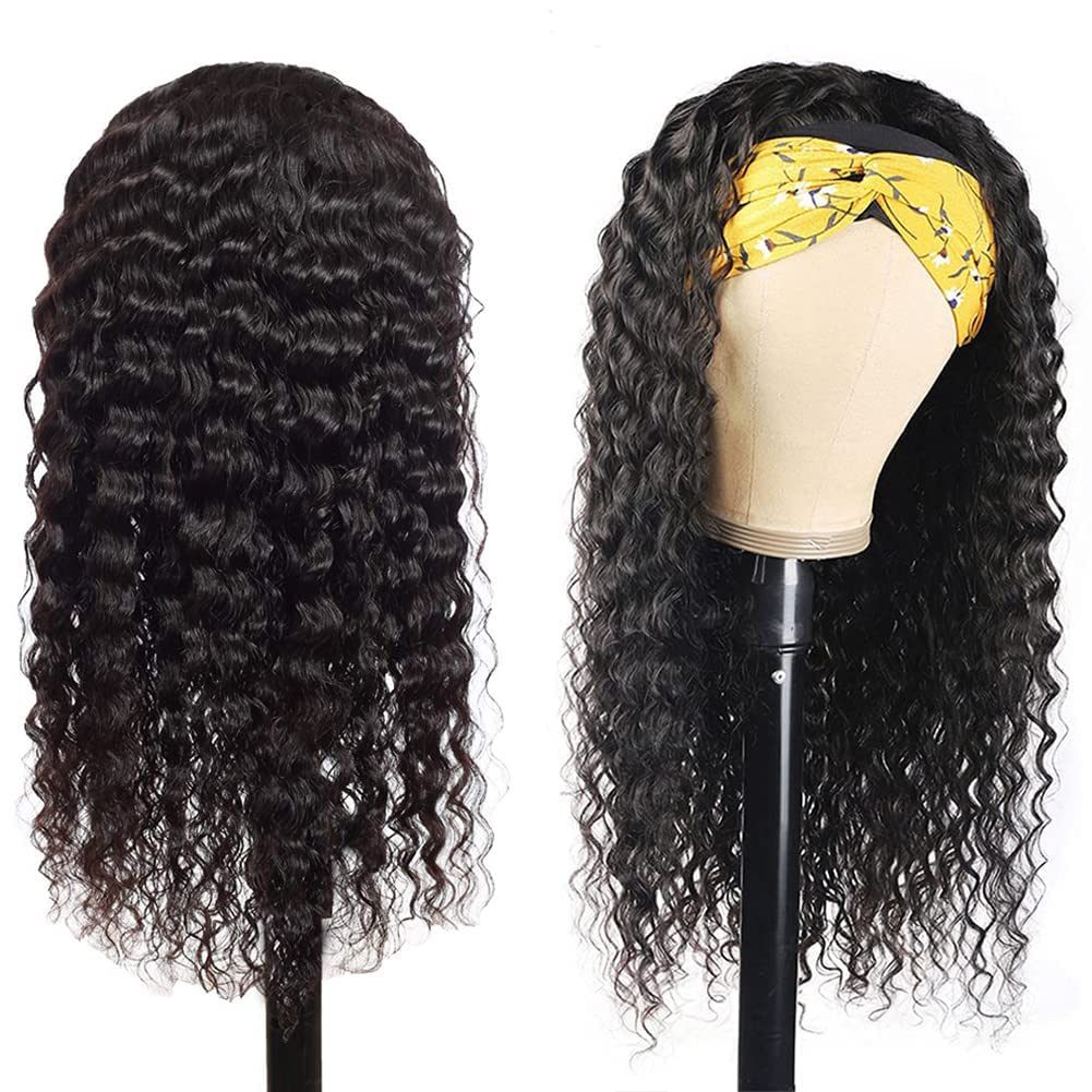 Human Hair Headband Wigs 14 Inch Deep Wave Curly Human Hair Wigs for Women Glueless Perruque femme cheveux humain naturel Brazilian Virgin Real Natural Black Hair Headband Wig
