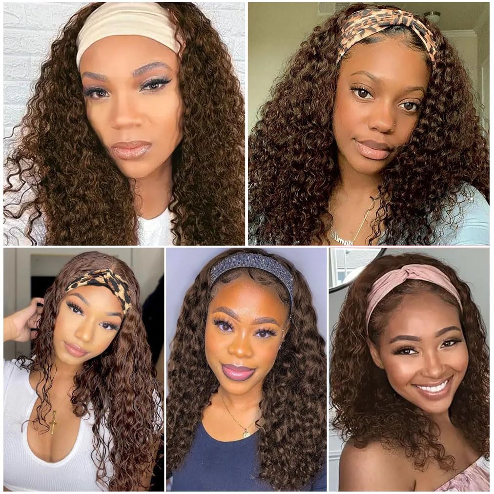 Human Hair Headband Wigs 14 Inch Deep Wave Curly Human Hair Wigs for Women Glueless Perruque femme cheveux humain naturel Brazilian Virgin Real Natural Black Hair Headband Wig