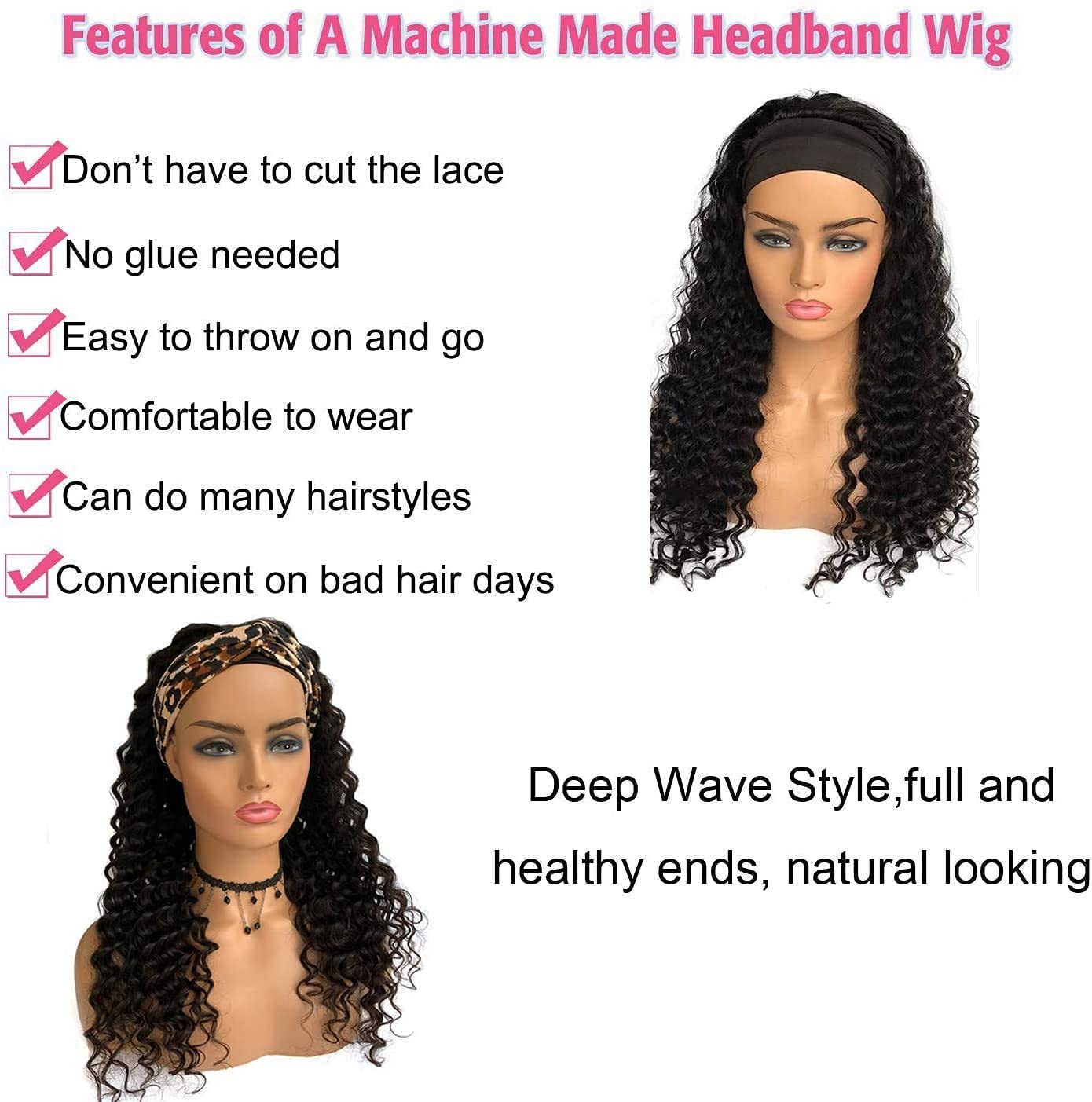 Human Hair Headband Wigs 14 Inch Deep Wave Curly Human Hair Wigs for Women Glueless Perruque femme cheveux humain naturel Brazilian Virgin Real Natural Black Hair Headband Wig