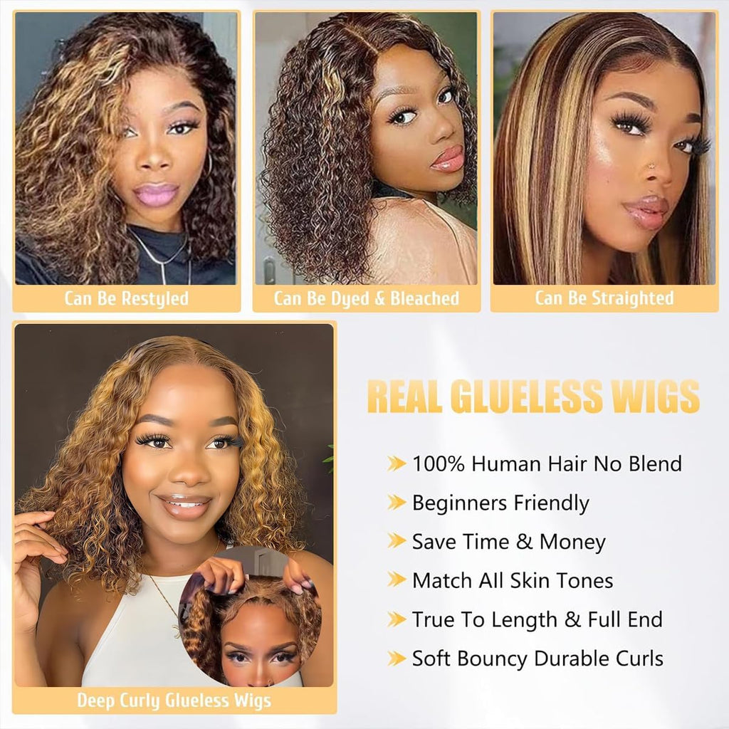 Wear and Go Glueless Wigs Human Hair Pre Plucked Pre Cut Deep Wave Curly Bob Wig Lace Front Wigs for Black Women Human Hair 180% Density 4x4 Lace Closure Glueless Bob Wigs Human Hair 10 Inch
