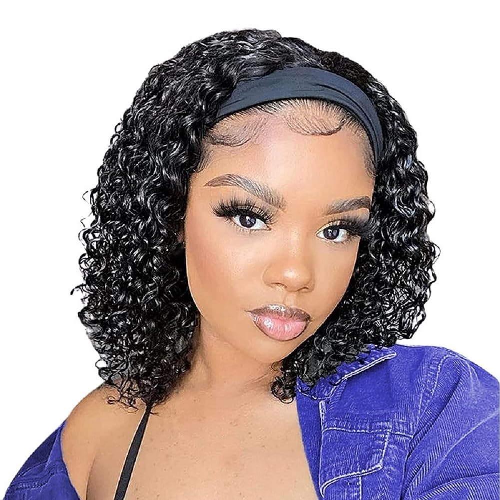 Human Hair Headband Wigs 14 Inch Deep Wave Curly Human Hair Wigs for Women Glueless Perruque femme cheveux humain naturel Brazilian Virgin Real Natural Black Hair Headband Wig