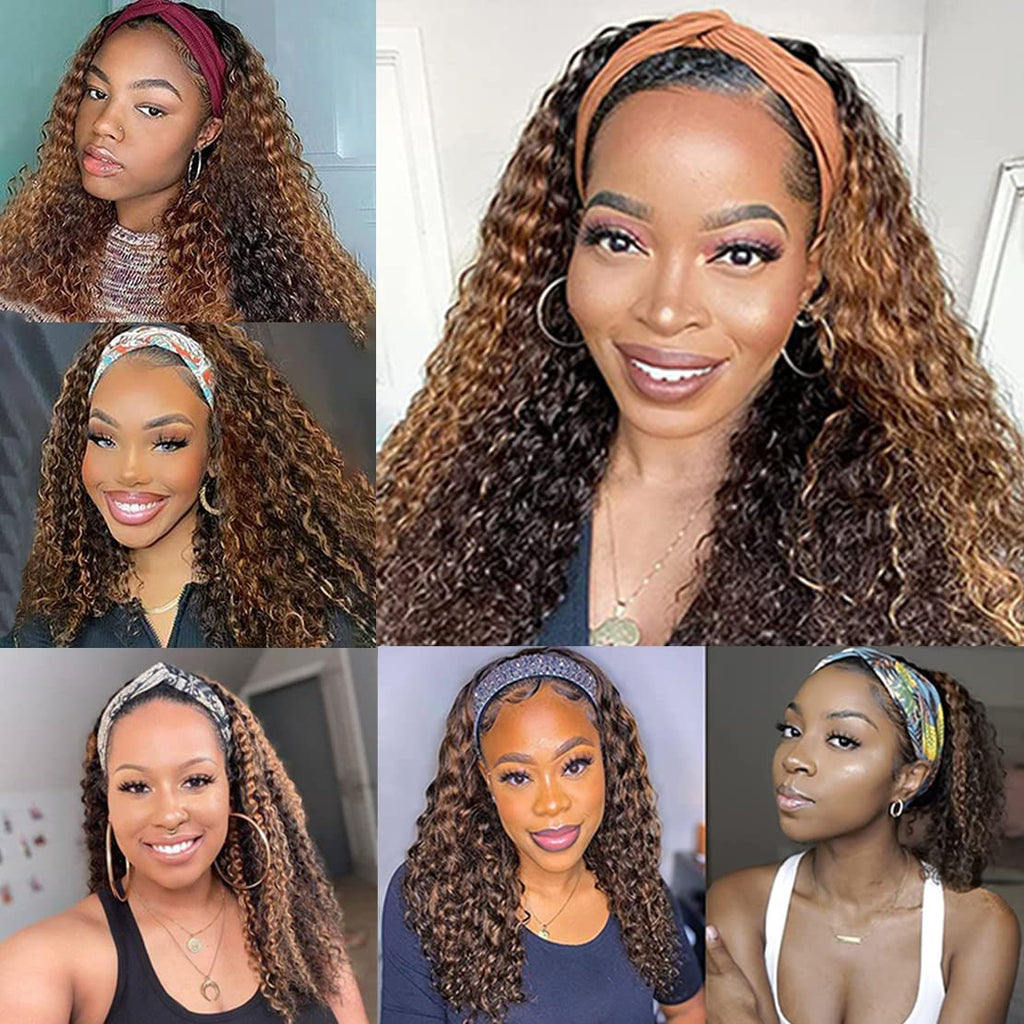 Human Hair Headband Wigs 14 Inch Deep Wave Curly Human Hair Wigs for Women Glueless Perruque femme cheveux humain naturel Brazilian Virgin Real Natural Black Hair Headband Wig