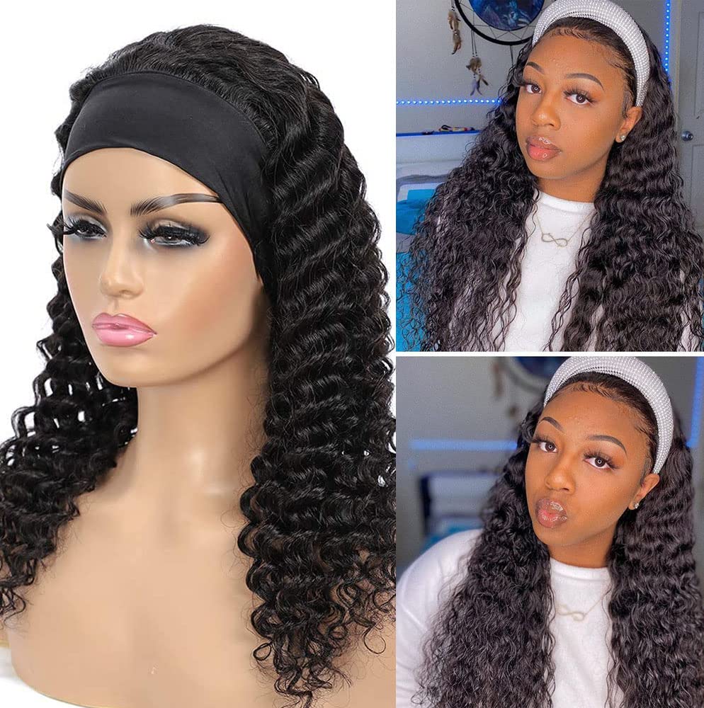 Human Hair Headband Wigs 14 Inch Deep Wave Curly Human Hair Wigs for Women Glueless Perruque femme cheveux humain naturel Brazilian Virgin Real Natural Black Hair Headband Wig