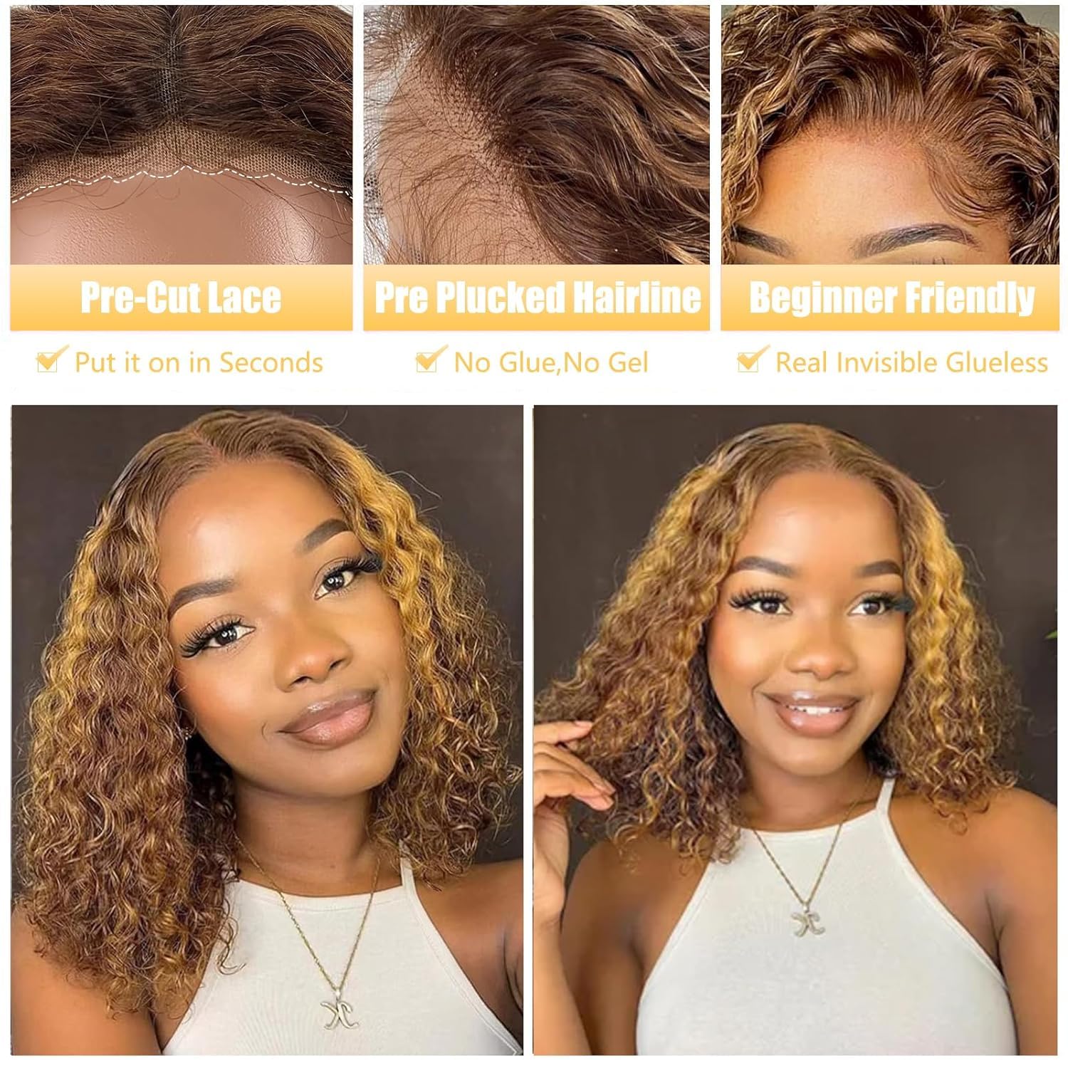 Wear and Go Glueless Wigs Human Hair Pre Plucked Pre Cut Deep Wave Curly Bob Wig Lace Front Wigs for Black Women Human Hair 180% Density 4x4 Lace Closure Glueless Bob Wigs Human Hair 10 Inch