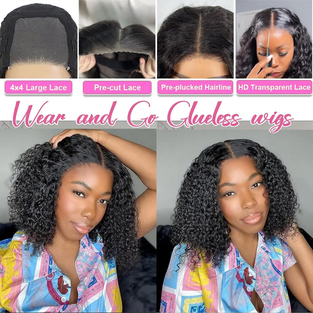 Wear and Go Glueless Wigs Human Hair Pre Plucked Pre Cut Deep Wave Curly Bob Wig Lace Front Wigs for Black Women Human Hair 180% Density 4x4 Lace Closure Glueless Bob Wigs Human Hair 10 Inch