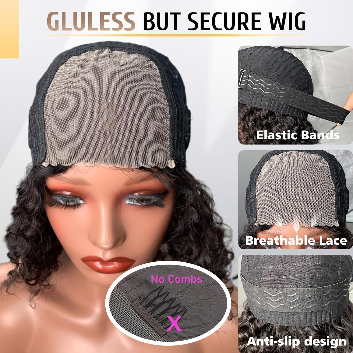 Wear and Go Glueless Wigs Human Hair Pre Plucked Pre Cut Deep Wave Curly Bob Wig Lace Front Wigs for Black Women Human Hair 180% Density 4x4 Lace Closure Glueless Bob Wigs Human Hair 10 Inch