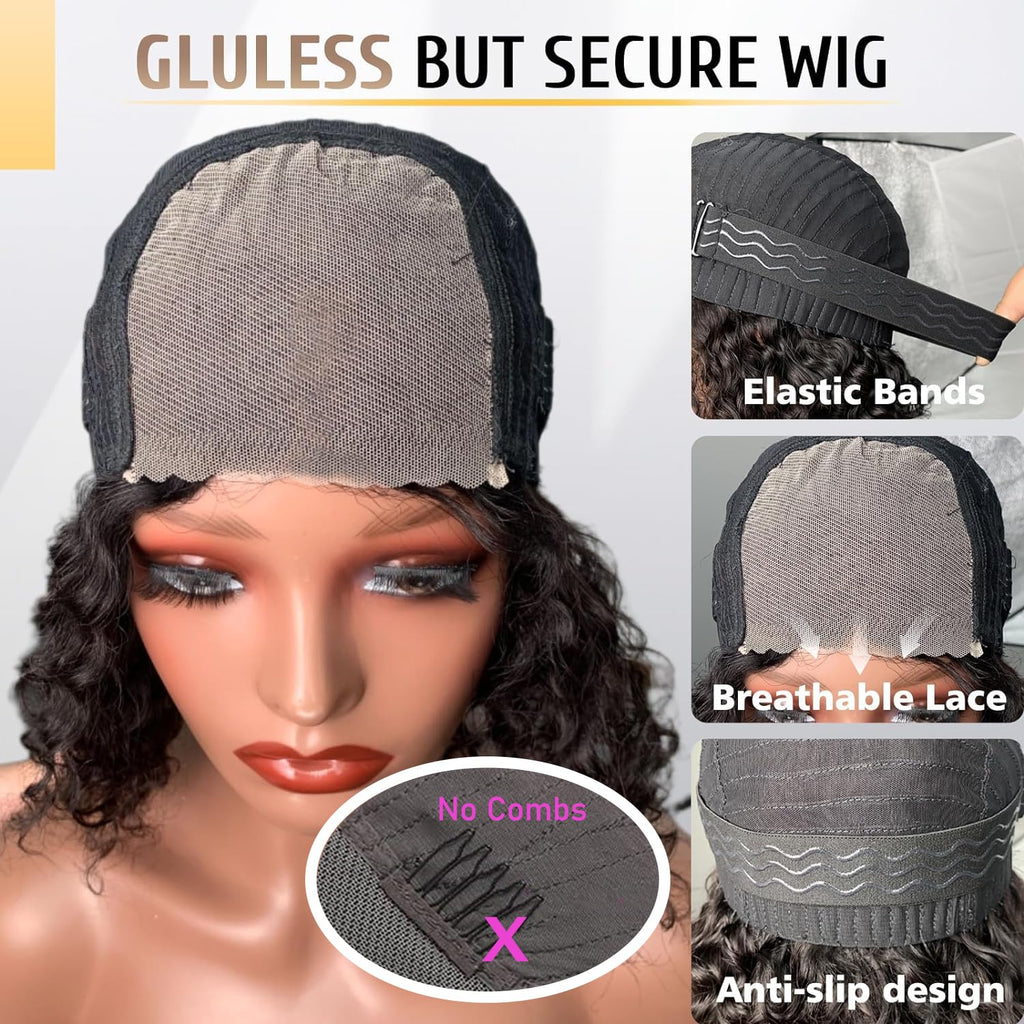 Wear and Go Glueless Wigs Human Hair Pre Plucked Pre Cut Deep Wave Curly Bob Wig Lace Front Wigs for Black Women Human Hair 180% Density 4x4 Lace Closure Glueless Bob Wigs Human Hair 10 Inch