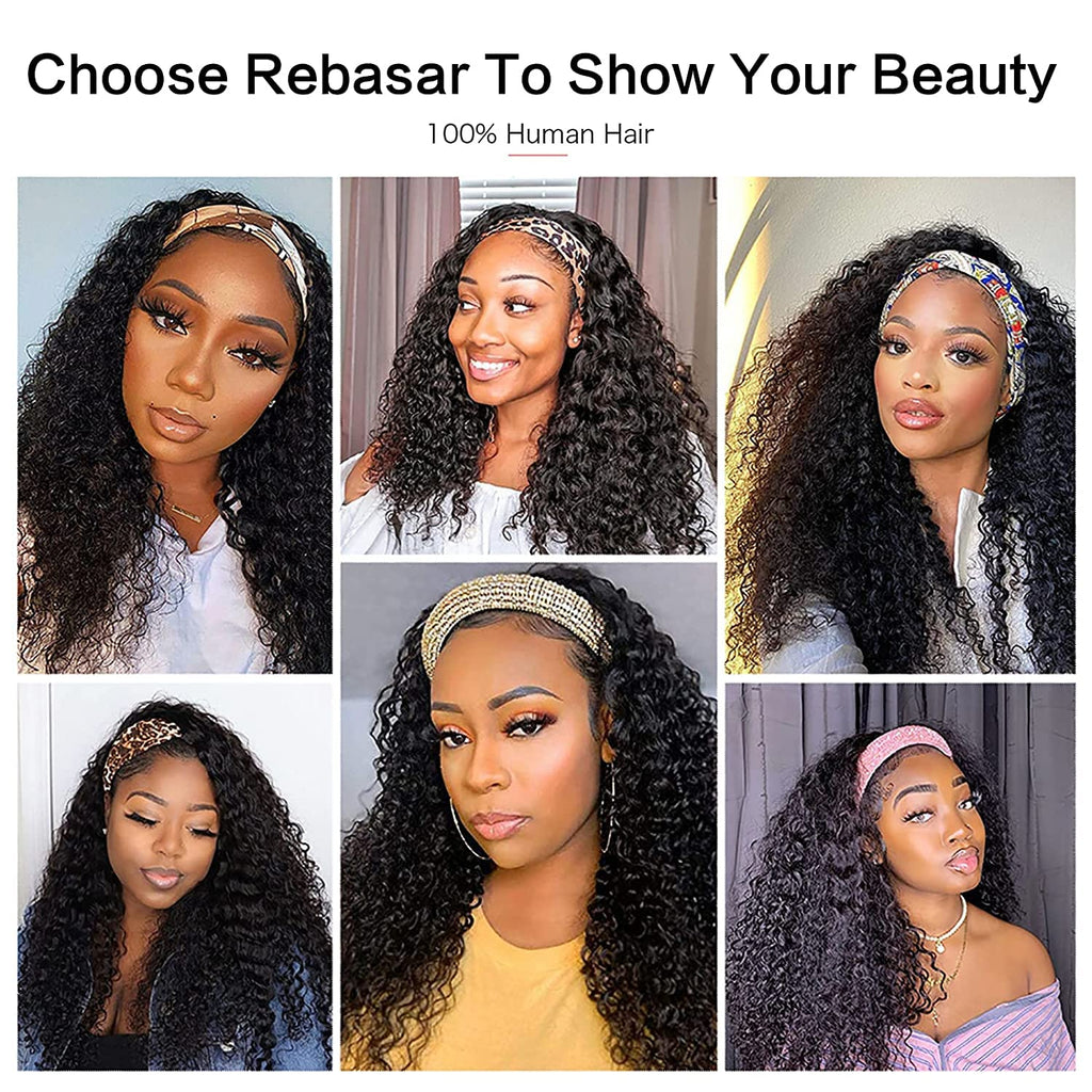 Human Hair Headband Wigs 14 Inch Deep Wave Curly Human Hair Wigs for Women Glueless Perruque femme cheveux humain naturel Brazilian Virgin Real Natural Black Hair Headband Wig