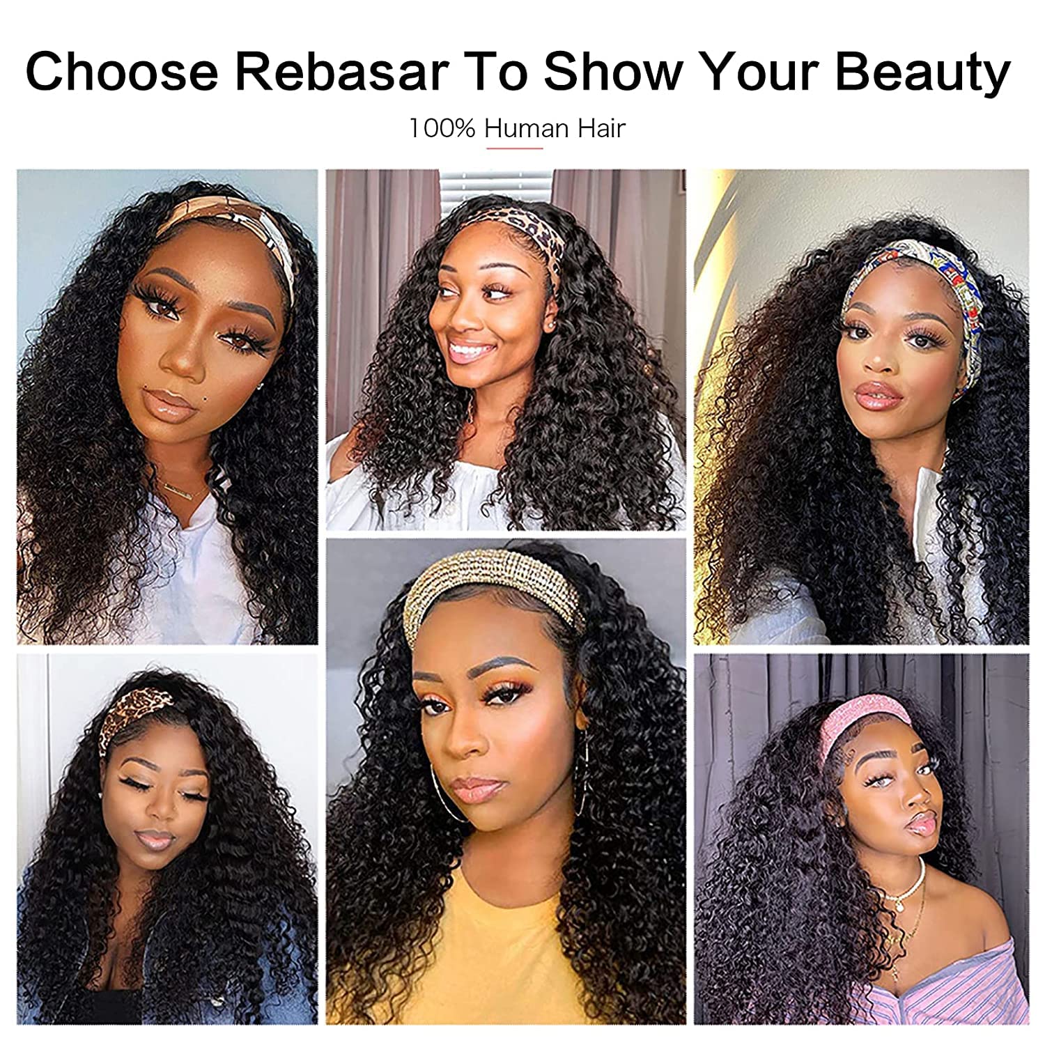 Human Hair Headband Wigs 14 Inch Deep Wave Curly Human Hair Wigs for Women Glueless Perruque femme cheveux humain naturel Brazilian Virgin Real Natural Black Hair Headband Wig