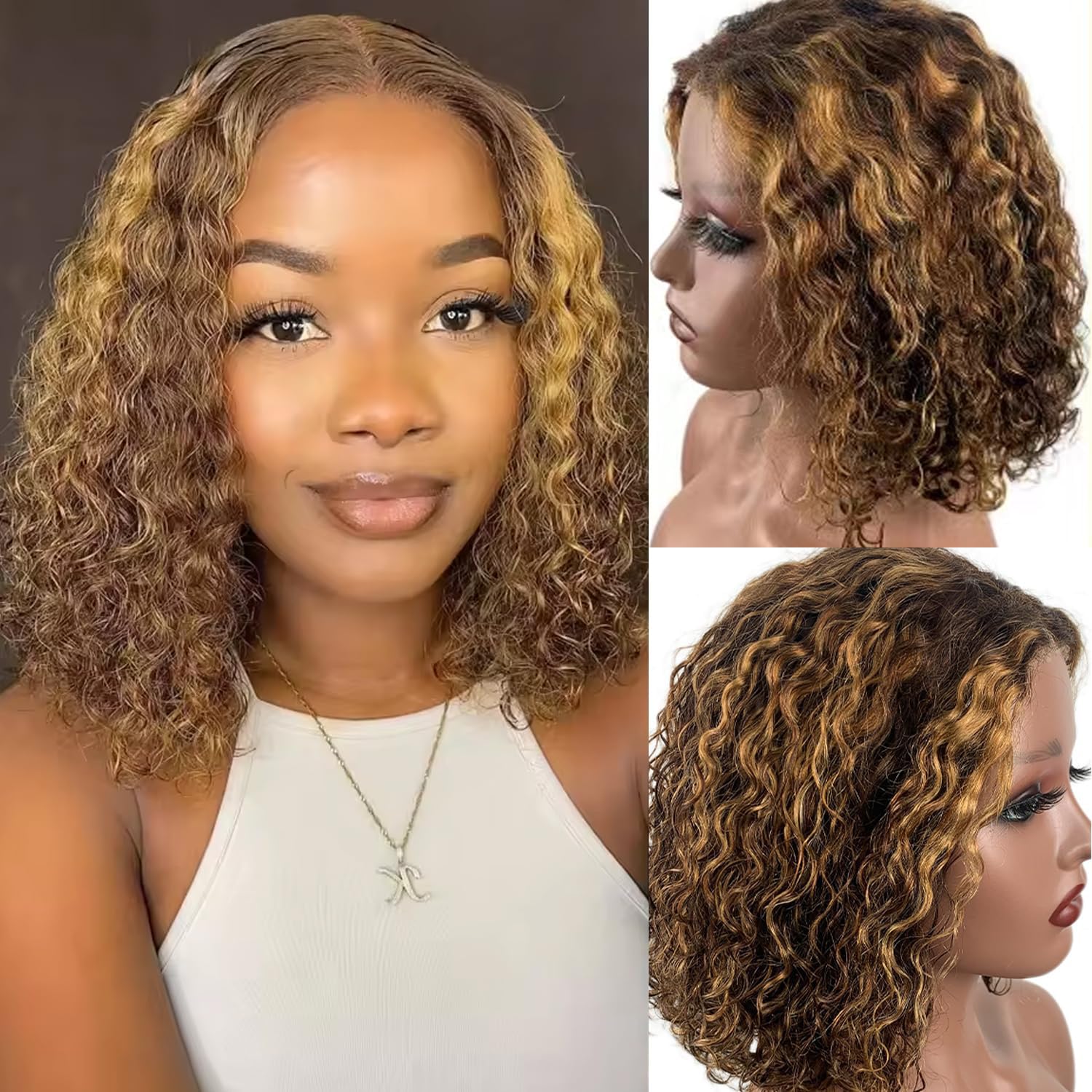 Wear and Go Glueless Wigs Human Hair Pre Plucked Pre Cut Deep Wave Curly Bob Wig Lace Front Wigs for Black Women Human Hair 180% Density 4x4 Lace Closure Glueless Bob Wigs Human Hair 10 Inch