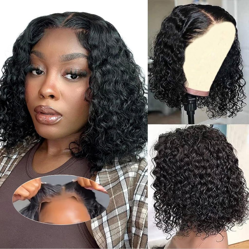 Wear and Go Glueless Wigs Human Hair Pre Plucked Pre Cut Deep Wave Curly Bob Wig Lace Front Wigs for Black Women Human Hair 180% Density 4x4 Lace Closure Glueless Bob Wigs Human Hair 10 Inch