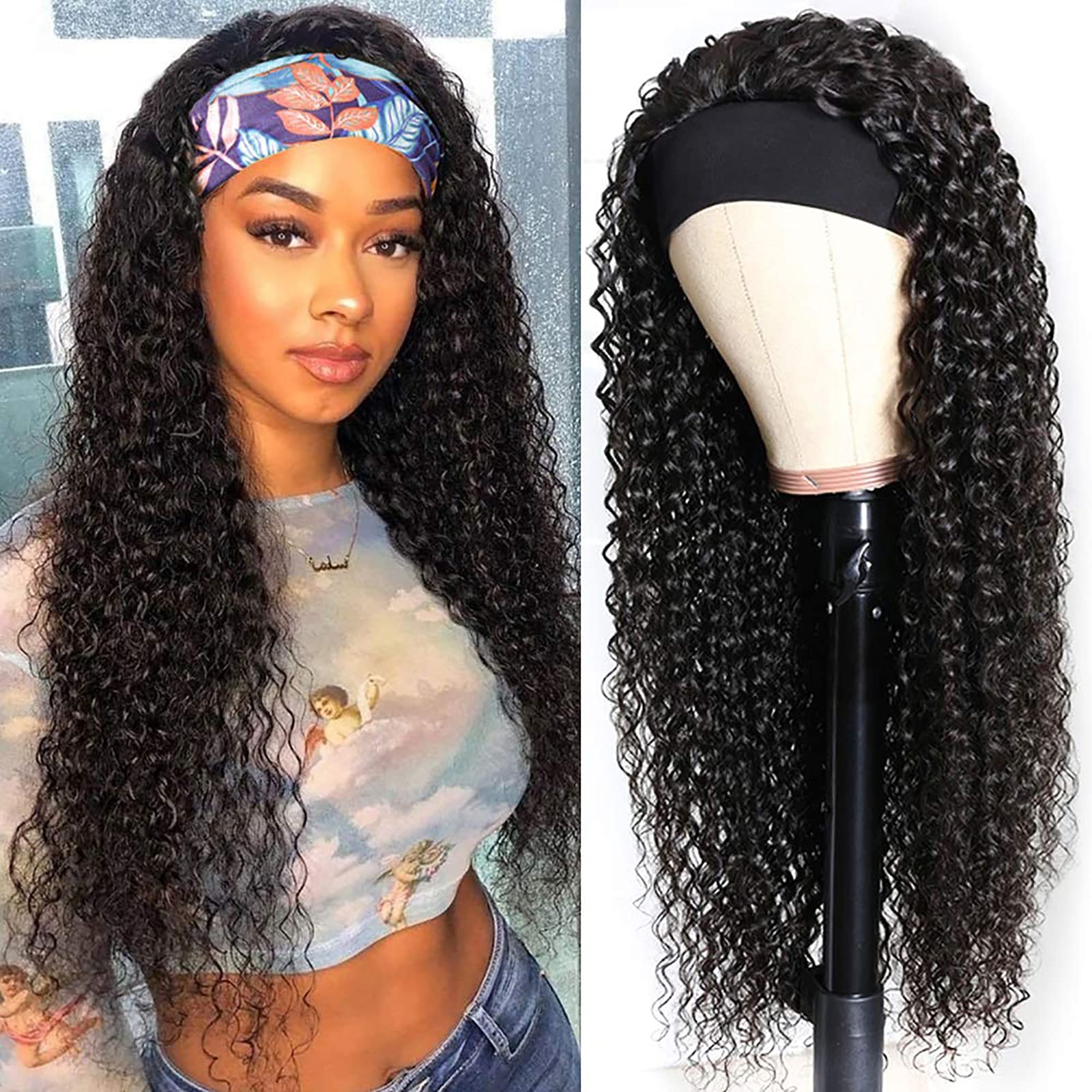 Human Hair Headband Wigs 14 Inch Deep Wave Curly Human Hair Wigs for Women Glueless Perruque femme cheveux humain naturel Brazilian Virgin Real Natural Black Hair Headband Wig
